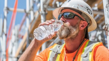 A construction worker in an orange shirt and hard hat drinks water to stay cool while working at a busy construction site under the bright sun.