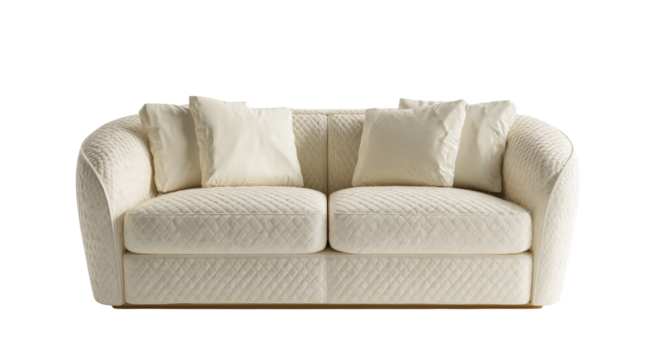 Cream-colored sofa with quilted upholstery and curved arms