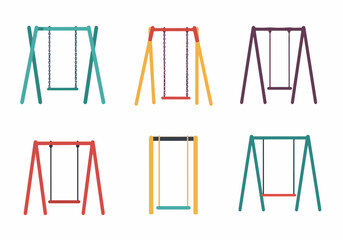 Collection of Six Colorful and Stylized Swing Set Designs for Playgrounds, Featuring Various Shapes and Vibrant Hues, Isolated on a White Background for Children's Play
