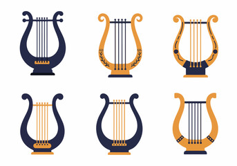 Collection of Six Stylized Lyre Illustrations: Ancient Greek Musical Instruments in Navy and Gold Flat Design on White Background, Representing Classical Music and Mythology.