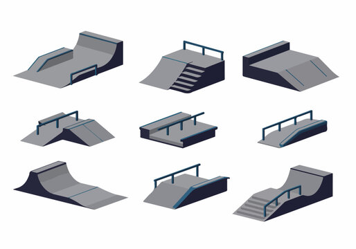 Isometric Vector Illustration Set of Skatepark Ramps and Obstacles for Extreme Sports, Urban Recreation, and Freestyle Action