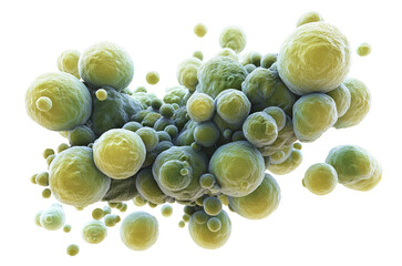 Cluster of round green bacterial cells under microscope, isolated on transparent cutout background
