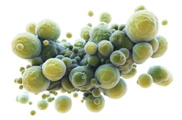 Cluster of round green bacterial cells under microscope, isolated on transparent cutout background