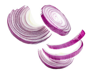 Freshly sliced red onion rounds floating in air, isolated on transparent cutout background