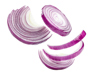 Freshly sliced red onion rounds floating in air, isolated on transparent cutout background