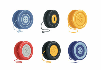 Colorful Vector Set of Six Classic Yo-Yos with Strings on White Background, Representing Playful Childhood Toys and Retro Entertainment.