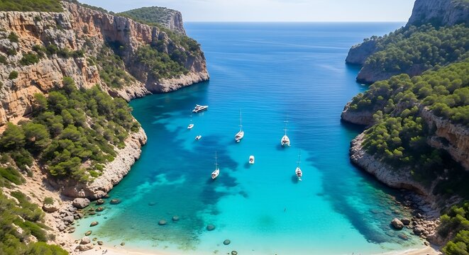 Secluded Cala Macarella Beach in Menorca, Spain.
