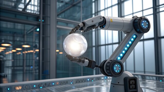 ai powered robotic arm holding glowing sphere