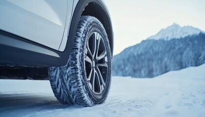 The image shows a close-up view of a winter tire on a silver SUV, with snow on the tire and ground, and a background of snow-covered mountains and trees.