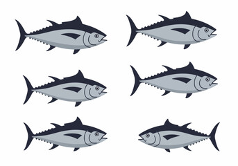 Flat design collection of tuna fish icons, perfect for seafood, marine life, culinary, and healthy eating themes on a white background.