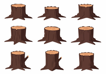 Nine Cartoon Tree Stumps Illustrations Set: Stylized Cut Wood Trunks with Exposed Roots and Annual Rings, Isolated on White Background for Nature Designs