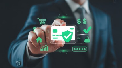 Secure Digital Transaction: A meticulously crafted digital artwork features a professional holding a credit card overlaid with security symbols.