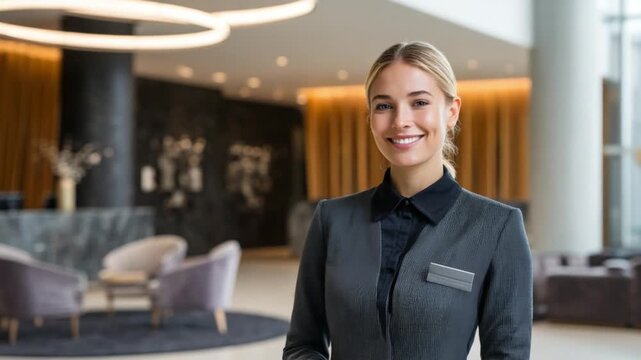 Warm Welcome at the Hotel: A sophisticated, well-dressed hotel employee with a warm smile and inviting eyes stands ready to welcome guests in a grand hotel lobby.
