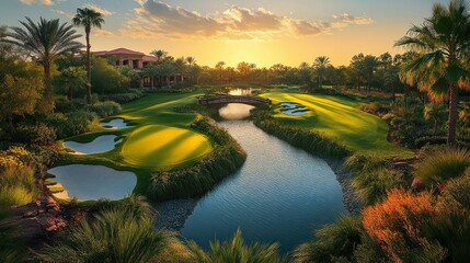 Golden hour golf course with a serene water feature. Lush green fairways, manicured landscaping, and a stunning sunset illuminate the scene
