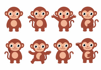 Cute cartoon monkey character poses collection, isolated on white, perfect for children's designs, playful animal themes, and educational materials.