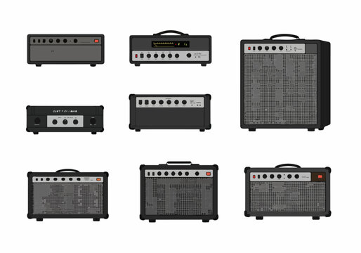 Collection of various guitar amplifier illustrations and amp heads on a white background, showcasing music equipment for rock and live performances.