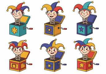 Colorful cartoon jack-in-the-box toys with happy jester characters popping out, perfect for playful designs and children's themes.