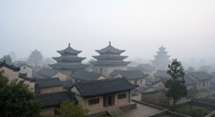 Obraz premium Fog-shrouded ancient Chinese city