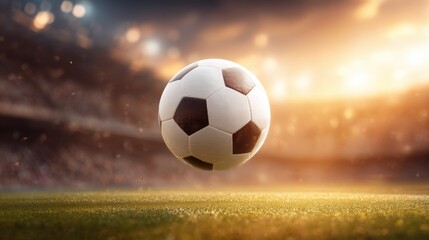 Fototapeta premium A soccer ball hovers above the grass during an evening match at a stadium. The vibrant sunset casts a warm glow while players prepare for action on the field.
