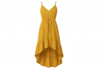 Yellow asymmetrical dress displaying drawstring waist, high-low hemline, delicate ruffles, standing against transparent backdrop