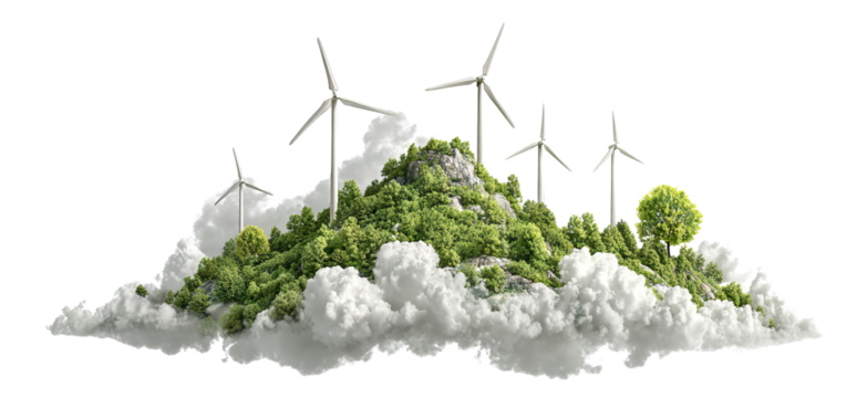 Floating mountain island with wind turbines and forest, isolated on transparent cutout background