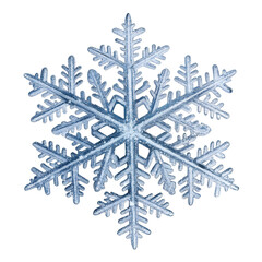 Closeup of a blue snowflake isolated on transparent background, a symbol of winter and the beauty of natures patterns