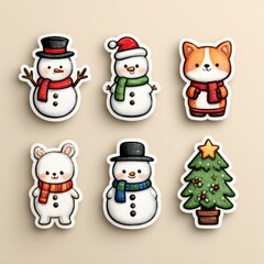 Colorful winter stickers featuring snowmen, animals, and a Christmas tree for holiday decoration