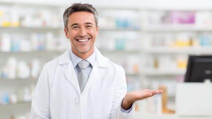 A male pharmacist with a friendly smile stands with one hand raised in a welcoming gesture. Shelves filled with various medications and health products are visible in the background.