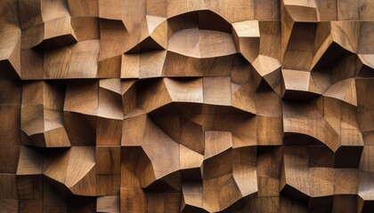 Obraz premium The image shows a detailed close-up of an abstract wood wall design with geometric shapes and various shades of brown.
