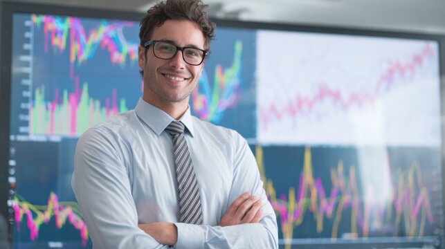 A young professional stands with arms crossed, smiling in an office environment. Behind him is a large digital display showing various financial graphs and data during work hours. - Powered by Adobe