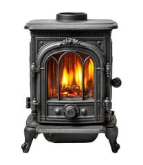 Antique-style cast iron stove with a warm fire