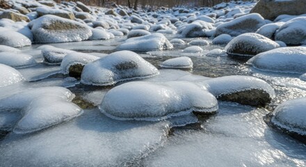 Fototapeta premium Frozen riverbed, ice-covered stones
