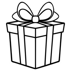 Black and white gift box with bow, line art illustration