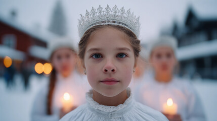 Swedish Lucia Day celebration involves youth dressed in white with candles during winter festivities in a picturesque snowy setting