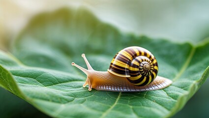 Striped Snail Crawling on a Green Leaf