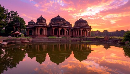 Humayuns Tomb Reflection at Sunset - A Serene Architectural Vista.