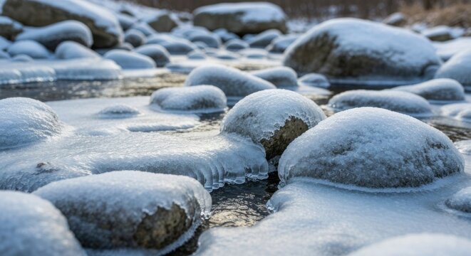 Frozen riverbed, stones covered in snow and ice