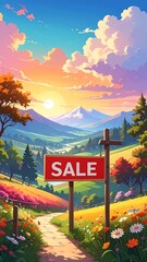 Colorful landscape with sale sign