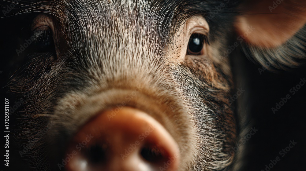 Wall mural close-up of a curious pig looking directly at the viewer with detailed textures and soft lighting in