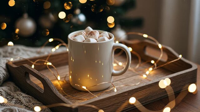 Cozy winter scene with hot cocoa and twinkling lights by a festive christmas tree