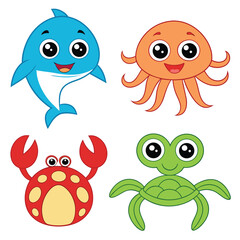 A funny set of cute cartoon monsters with a happy smile, and fun, colorful characters