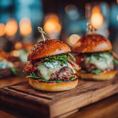 Mini gourmet cheeseburgers with bacon and greens