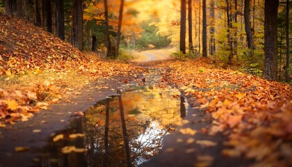 Autumn Leaves Reflected In A Puddle On A Forest Path In Soft Focus