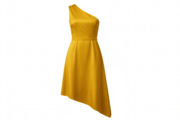 Yellow one-shoulder dress with asymmetrical hem, isolated on transparent background, perfect for fashion projects