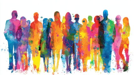 Naklejka premium A vibrant assembly of people represented as colorful silhouettes stands together, showcasing diversity and unity. This artwork symbolizes collaboration and creativity in a lively atmosphere.
