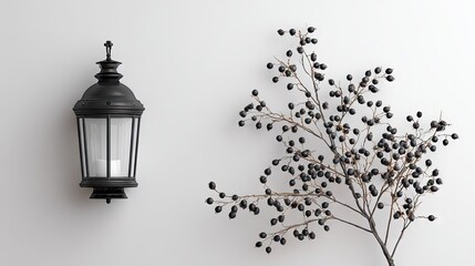 Black wall lantern and dried berries against a plain background.