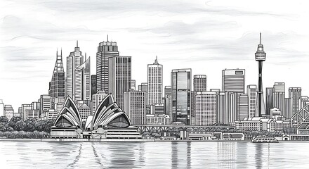 Naklejka premium Sydney Australia Skyline Black and White Pencil Sketch.