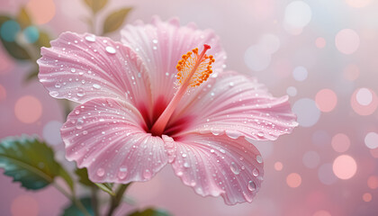 ai generator pink hibiscus flower with water drops in soft pastel tones for wedding invitation card design.