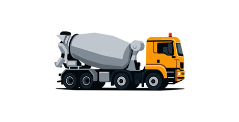 A yellow concrete mixer truck, mixing concrete on the go.