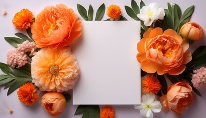 An Empty White Postcard Bright Orange Flowers Peonies And Small Bunches Of Flowers Surround The Postcard